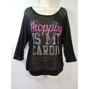 Chin Up‎ Women Medium Black Pink White sheer 3/4 sleeve Round Neck